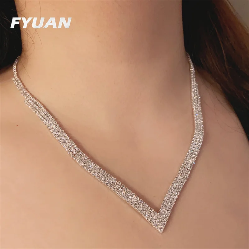 FYUAN Shine Silver Gold Color Rhinestones Choker Necklaces for Women Triangle Geometric Necklaces Weddings Engagement Jewelry