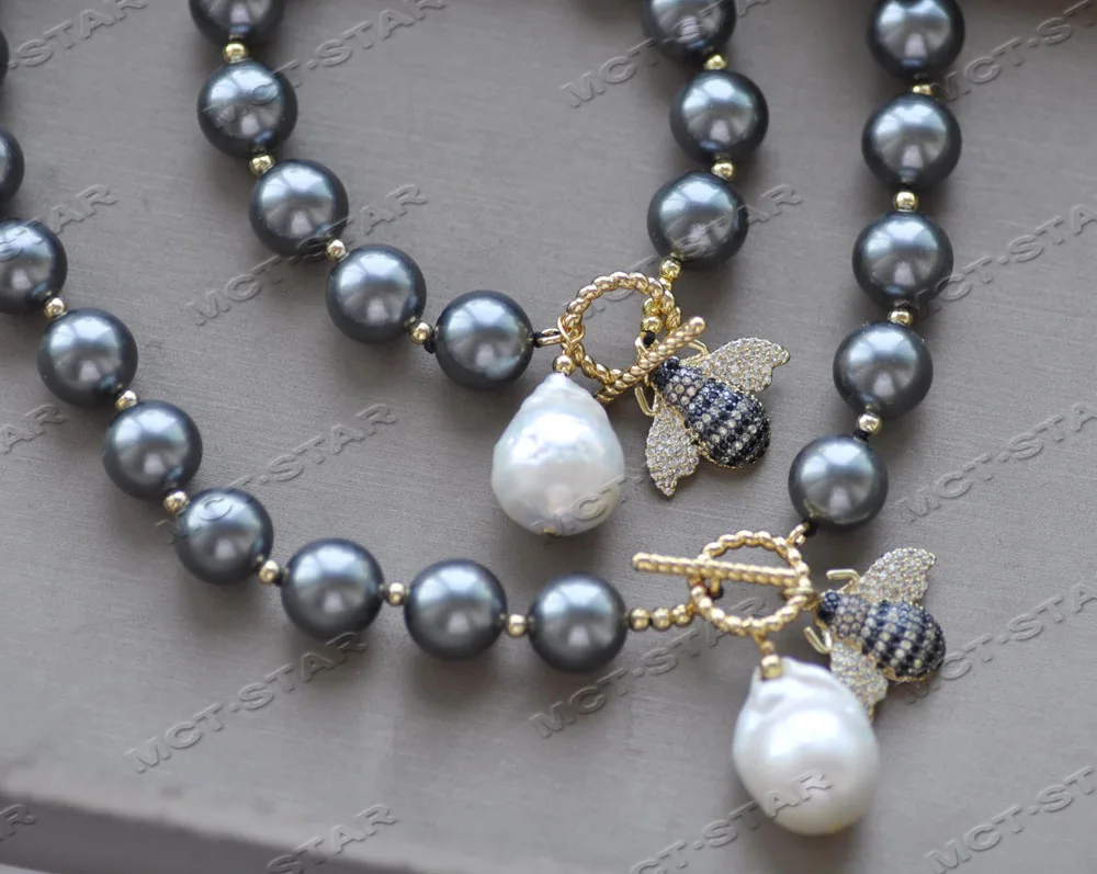 Z12393 Set Round BLACK Shell Pearl Necklace Bracelet Keshi Pearl Insect CZ Pendant