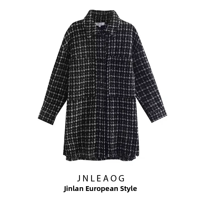 

JNLEAOG Autumn New Women's Faion Design Casual Plaid Outerwear Street Sle Long Sve Polyester Fiber Coat