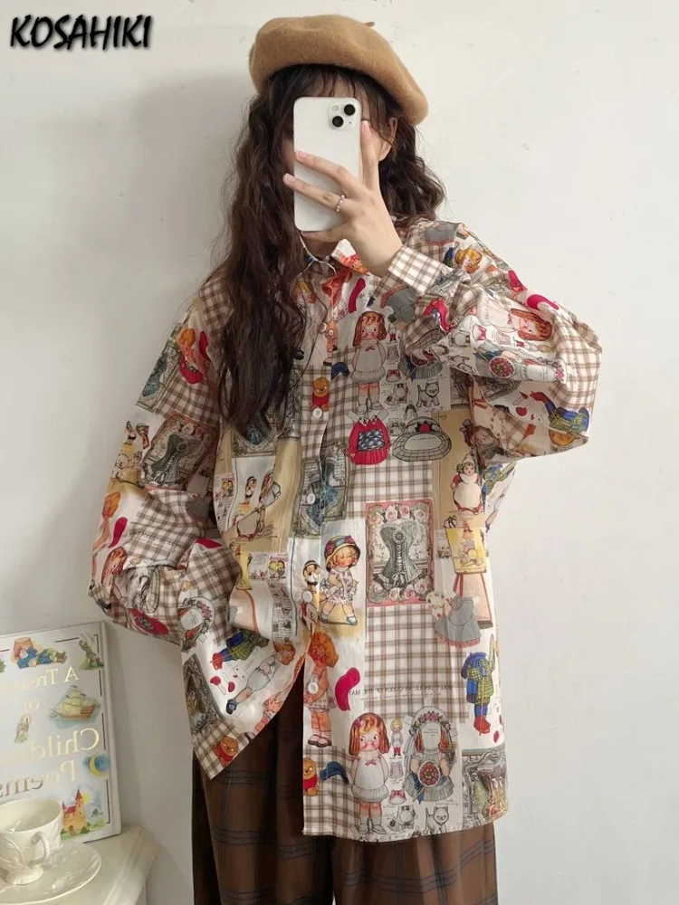 Vintage Kawaii Cartoon Printing Grunge Shirts Women Single Breasted Oversized Blouses Japanese Casual Harajuku Blusas Outerwear