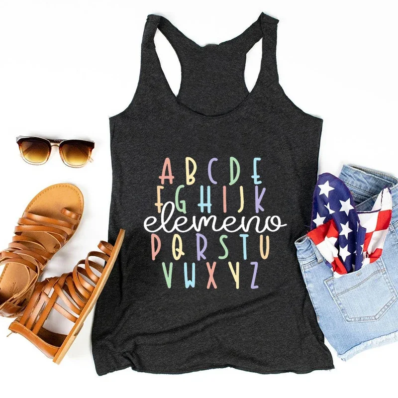 

ABCDE White Top Back To School Tank Top First Day of Class Tank Top Women Teacher Tops School Season Clothing