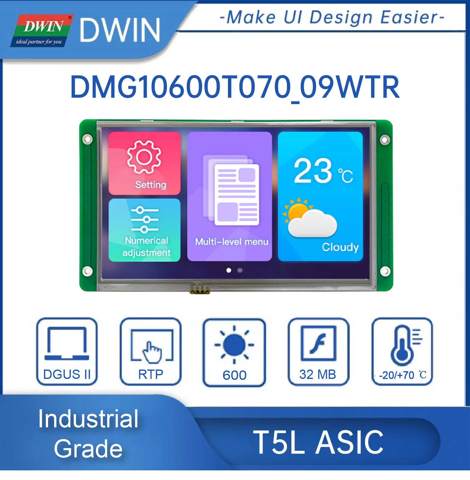 

DWIN 7 Inch 1024x600 TFT LCD HMI Display Module IPS Capacitive Resistive Touch Screen For Arduino DMG10600T070_09W