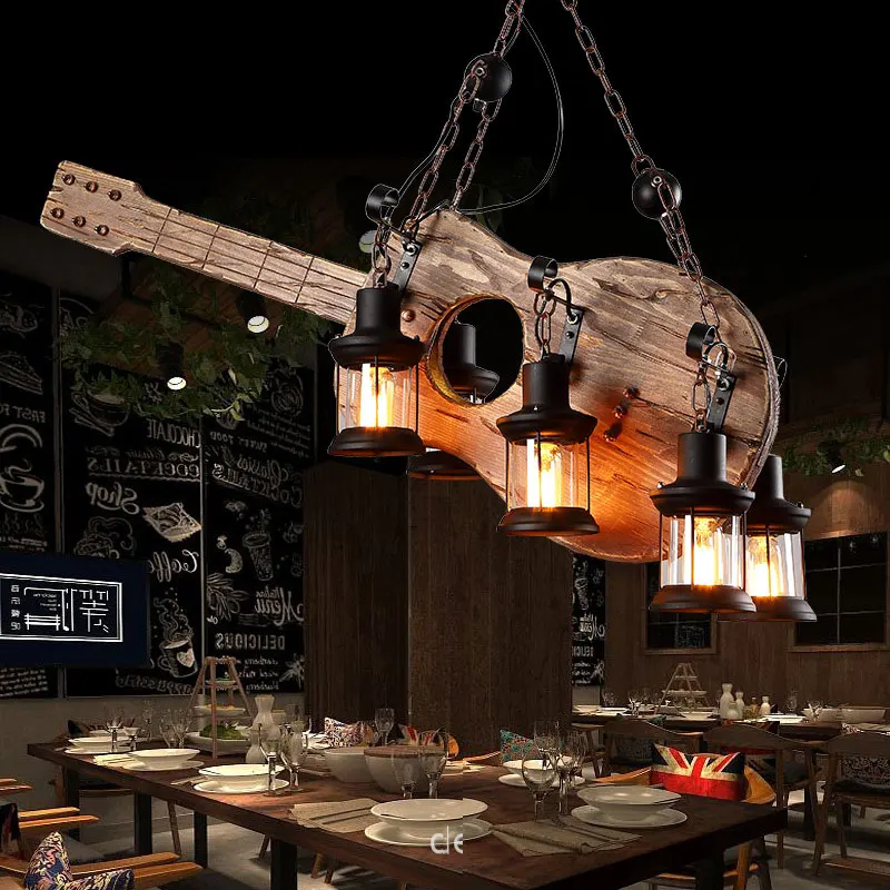 

American Loft Retro Coffee Restaurant Bar Nostalgic Creative Personalized Clothing Shop Bar Solid Wood Guitar Chandelier