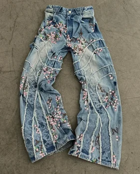 Gótico harajuku flor de cerejeira bordado buracos retro azul jeans feminino y2k novo harajuku hip-hop casual coringa calças de perna larga