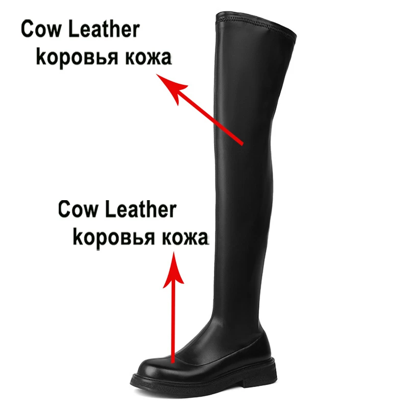 Meotina Women Genuine Leather Over-the-Knee Boot Round Toe Platform Zipper Flat Long Boots Ladies Fashion Shoes Autumn Winter 40