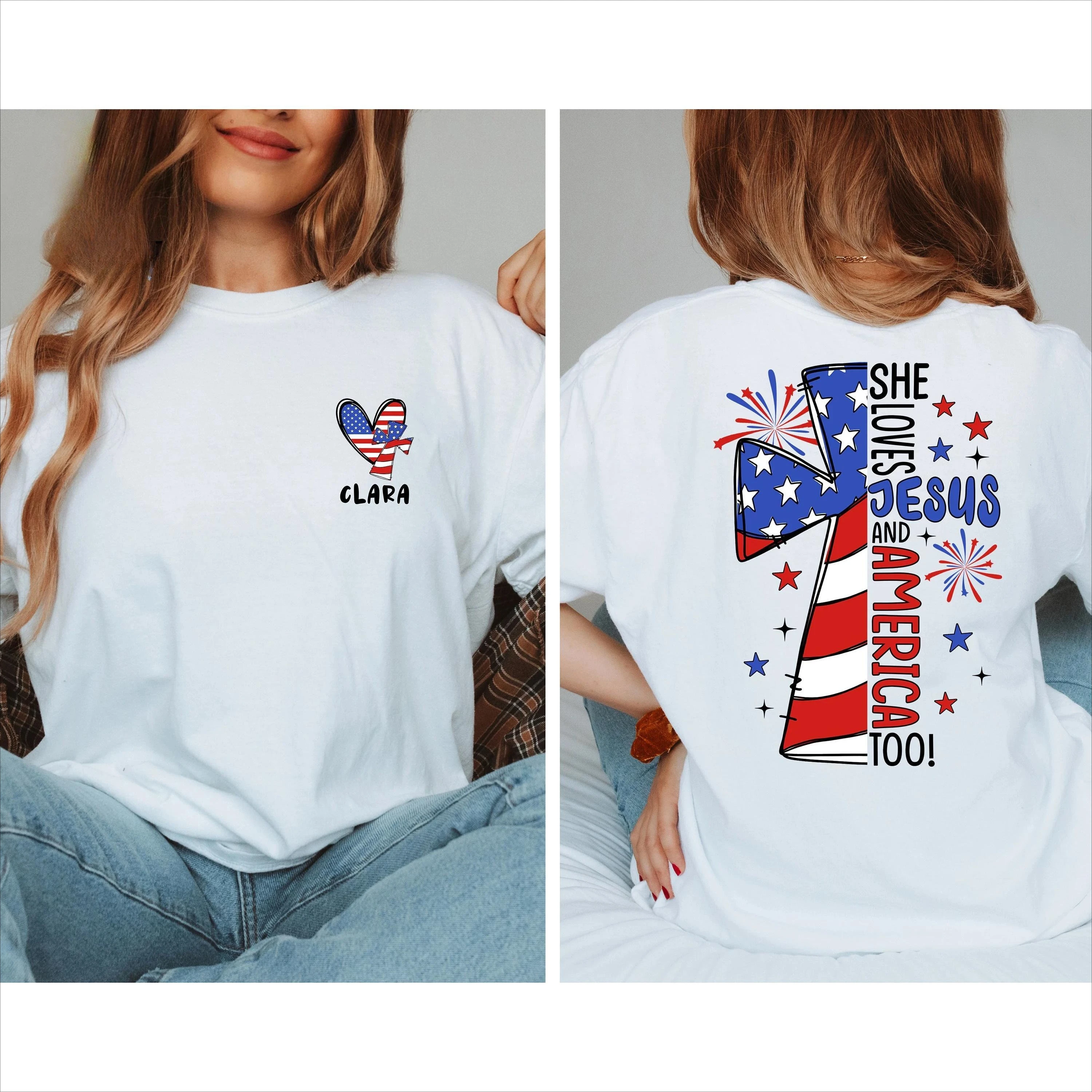 

Women's 4th of July T-Shirt "She Loves Jesus America Too" US Flag Cross Print Independence Day Faith & Freedom Tee