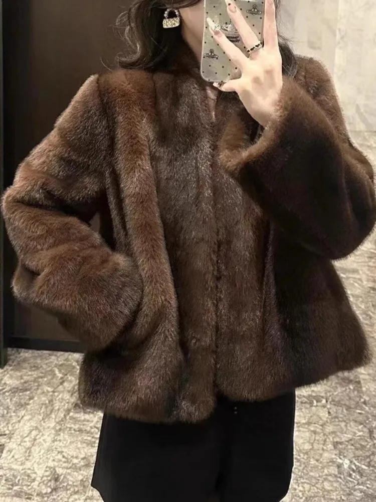 سترة نسائية قصيرة من الفرو الصناعي من ZMEENNA معطف من الصوف المنفوش بدون ياقة ملابس خارجية شتوية دافئة أنيقة غير رسمية ZM4449