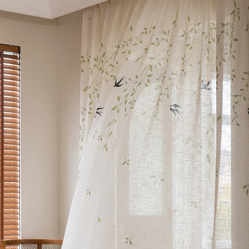 

Rustic Pastoral Leaf Bird Print Semi Sheer Curtains, Faux Linen Textured Light Filtering Drape for Living Room Bedroom Window