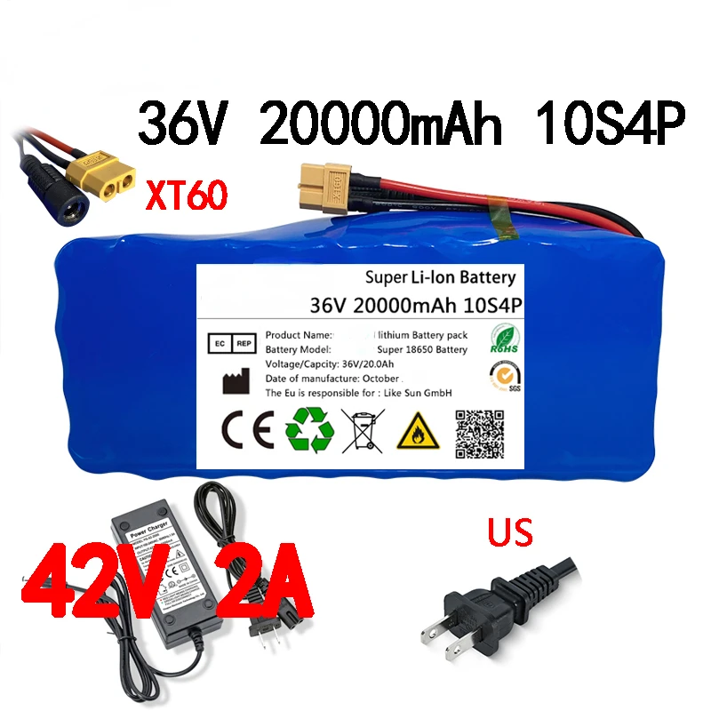 

100% Original 36V Battery 10S4P 20Ah 18650 Lithium Battery Pack 500W High Power Battery 42V 20000mAh E-Bike BMS + 42V 2A Charger