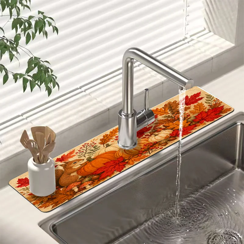 VIKAMA Halloween Autumn Pumpkin Printed Faucet Mat Holiday Atmosphere Mat Kitchen Absorbent Non Slip Mat Home Decoration