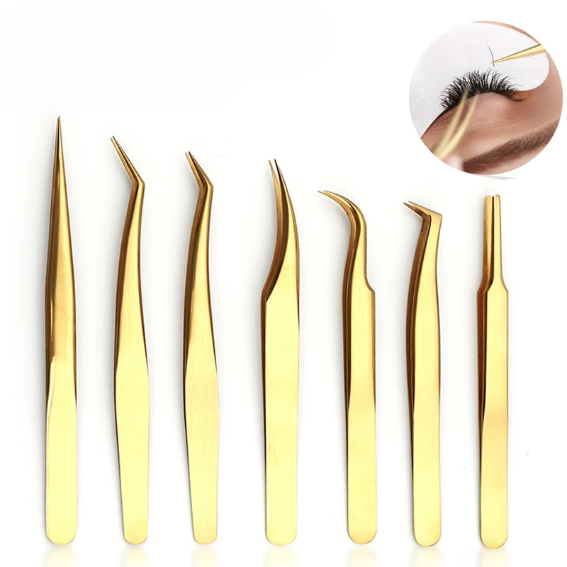 Eyelash Extension Tweezers With Fiber Tips Golden Stainless Steel High Precision Tweezer for Volume Fans Makeup Tools