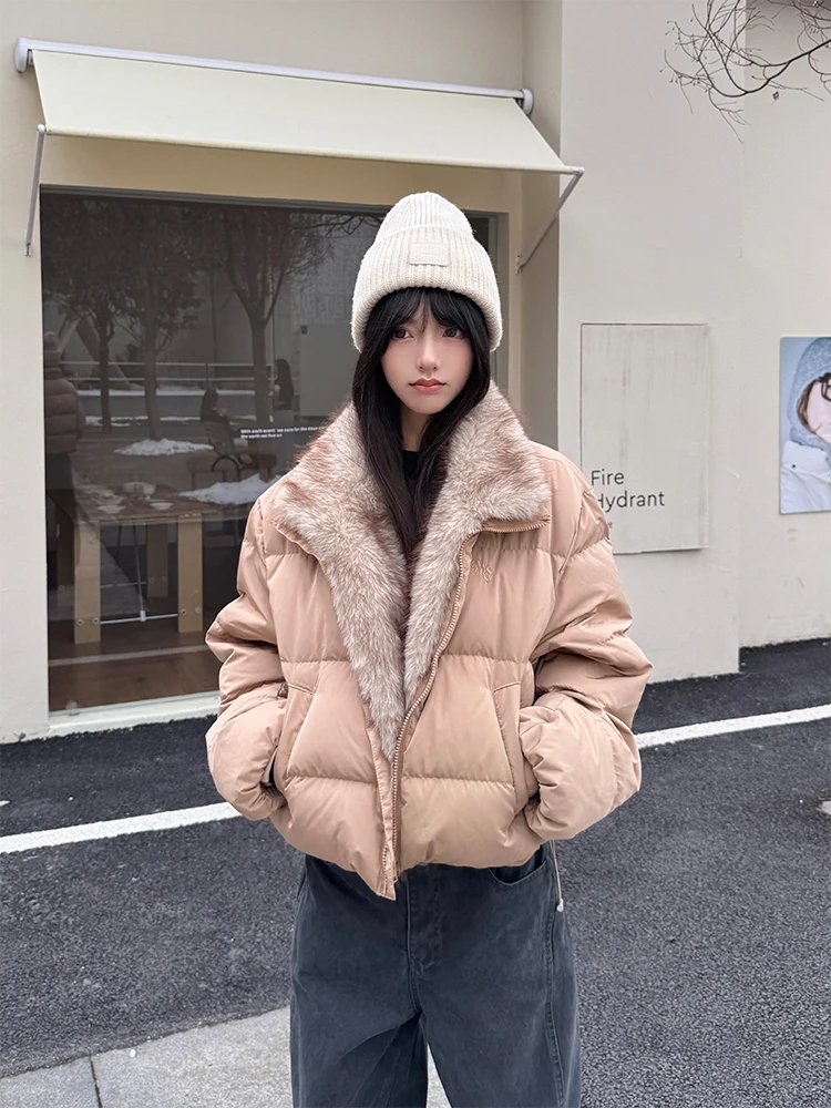 

URKR New Warm Furry Collar down Jaet Women's ort Design Thi Winter Coat American Retro Sle Long Sve Zipper Closure