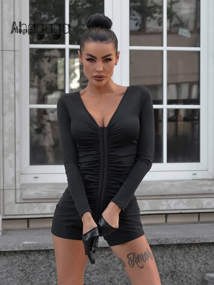 Ahagaga Women Long Sleeve Romper Sexy V‑Neck Button Ruched Bodycon Short Jumpsuit Sports Soft Slim Fit Clubwear Party Playsuit