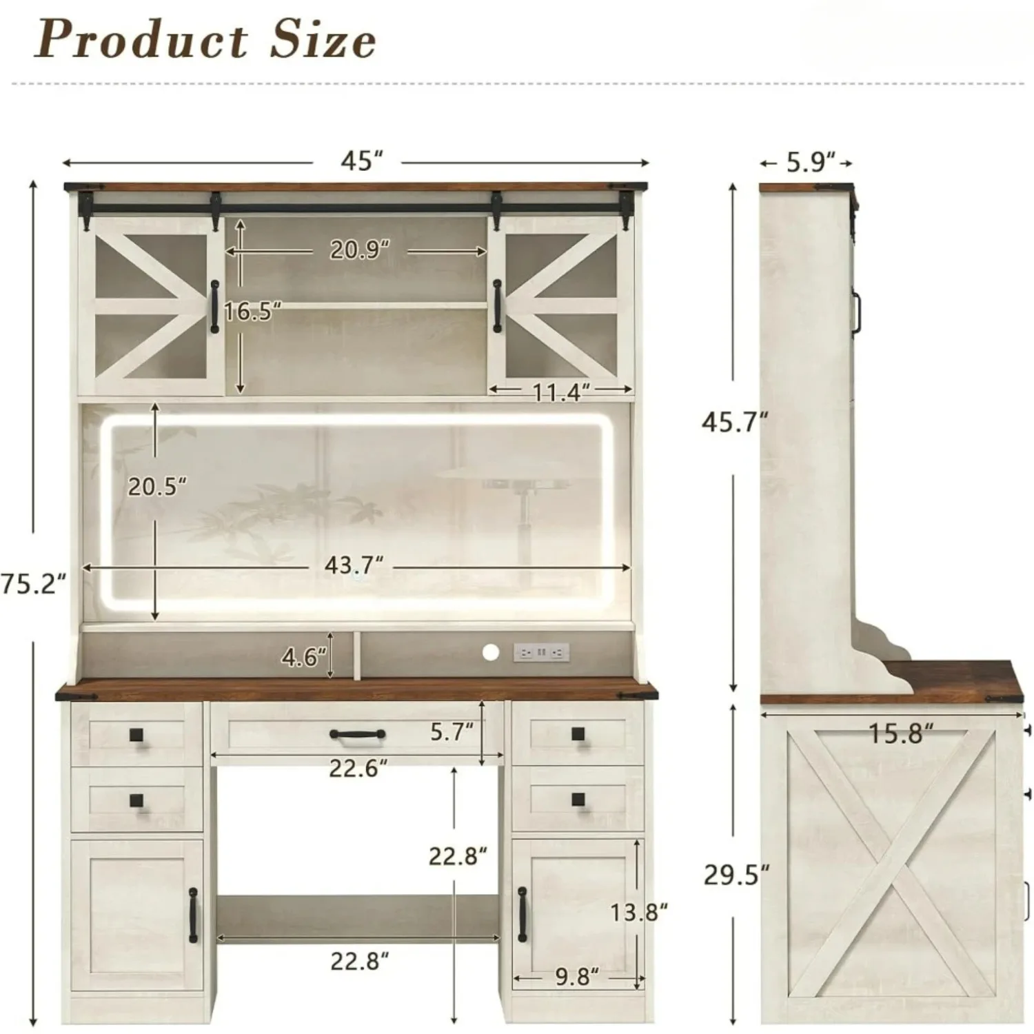 75.2" Farmhouse Vanity Desk with Mirror and Lights, 5 Drawers&2 Sliding RGB Door & Power Outlet, 3 Color Lighting Modes