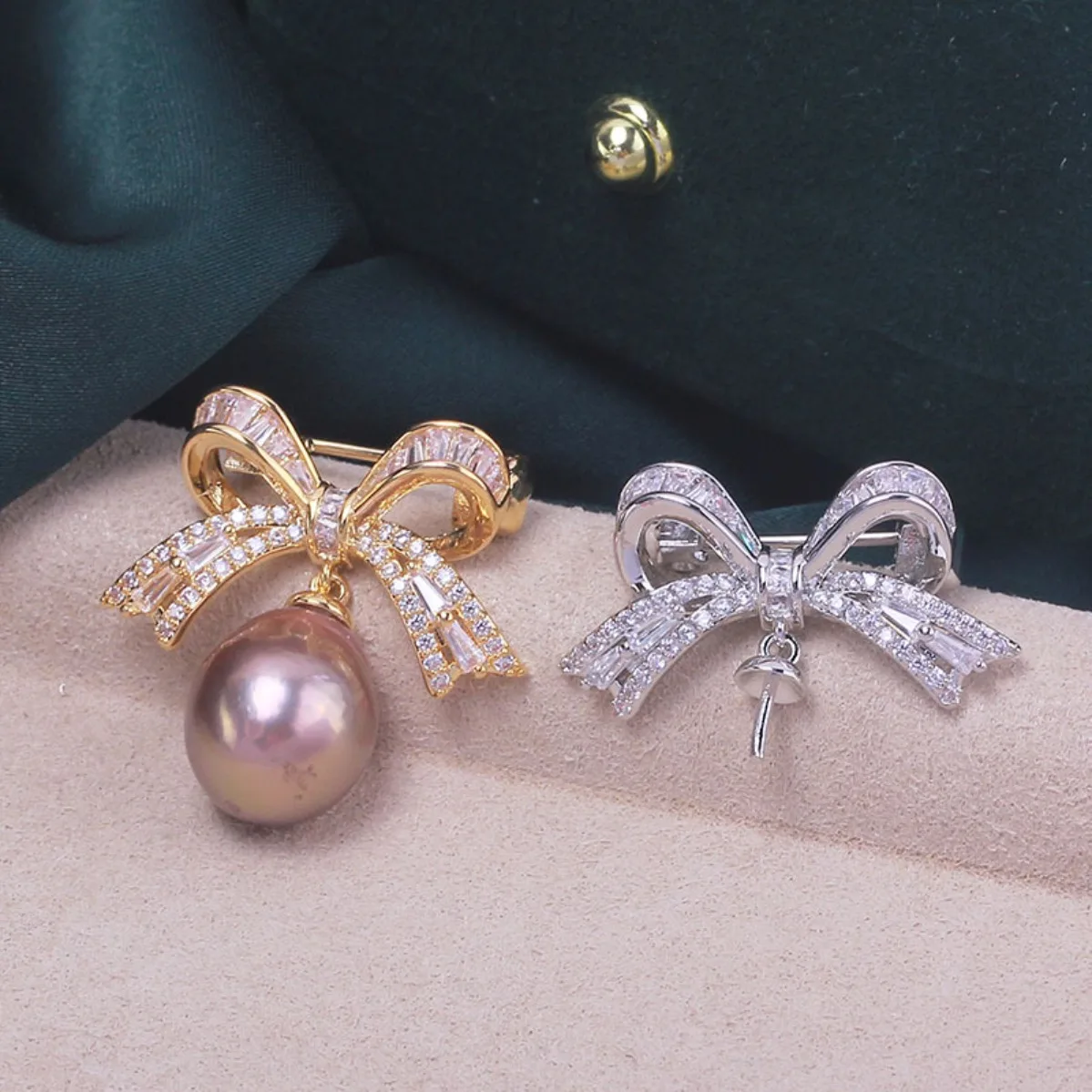 Brass Thick Gold Plated Bow Brooch Blank, Micro Pave Zircon, Unique Elegant Women DIY Pearl Corsage Accessory