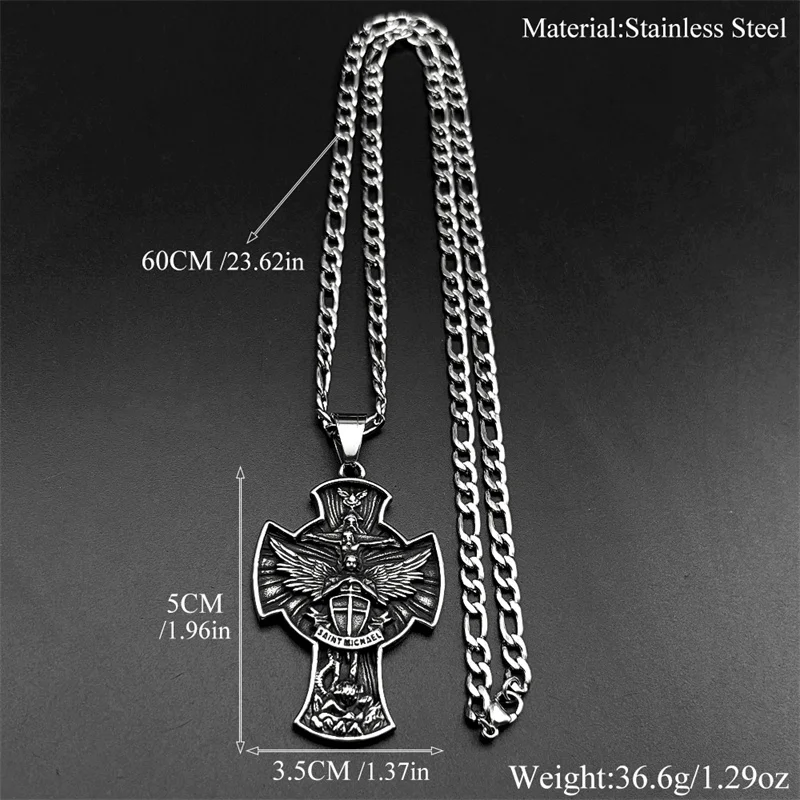 خمر رئيس الملائكة سانت مايكل يسوع الصليب قلادة قلادة للرجل الفولاذ المقاوم للصدأ أجنحة الملاك درع سلسلة تميمة المجوهرات #6