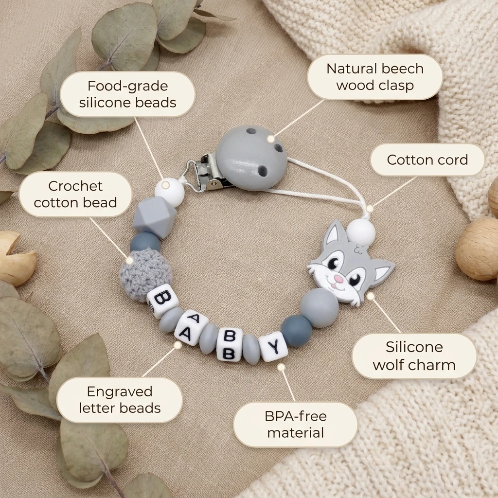 Personalized Baby Pacifier Clip Custom Name Wolf Silicone Teether Chain BPA Free Dummy Holder Newborn Gift