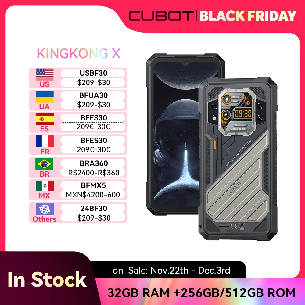 CUBOT KINGKONG X, 2024 New Rugged Smartphone 5G, Dimensity 7050,32GB +256/512GB,120Hz Screen, 10200mAh, NFC, WiFi 6, Add to Cart