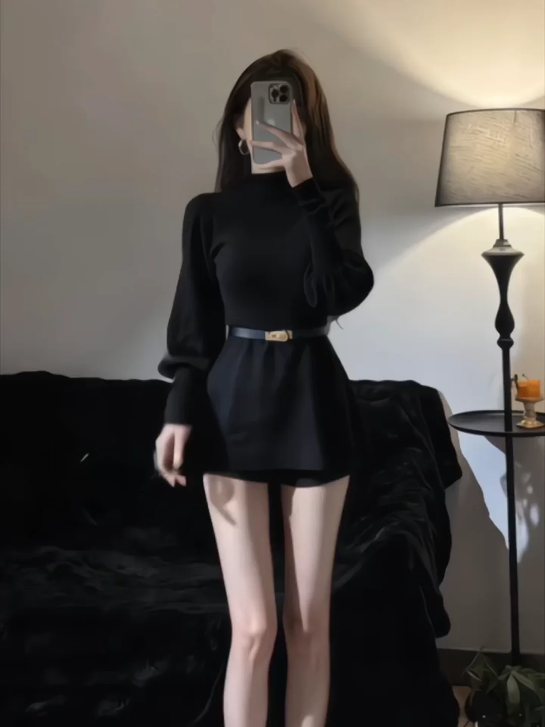 

Slimming Long Sve Knitted Top with Belt f High Collar Design for Women Spring Faion Casual Sle Polyester Fiber