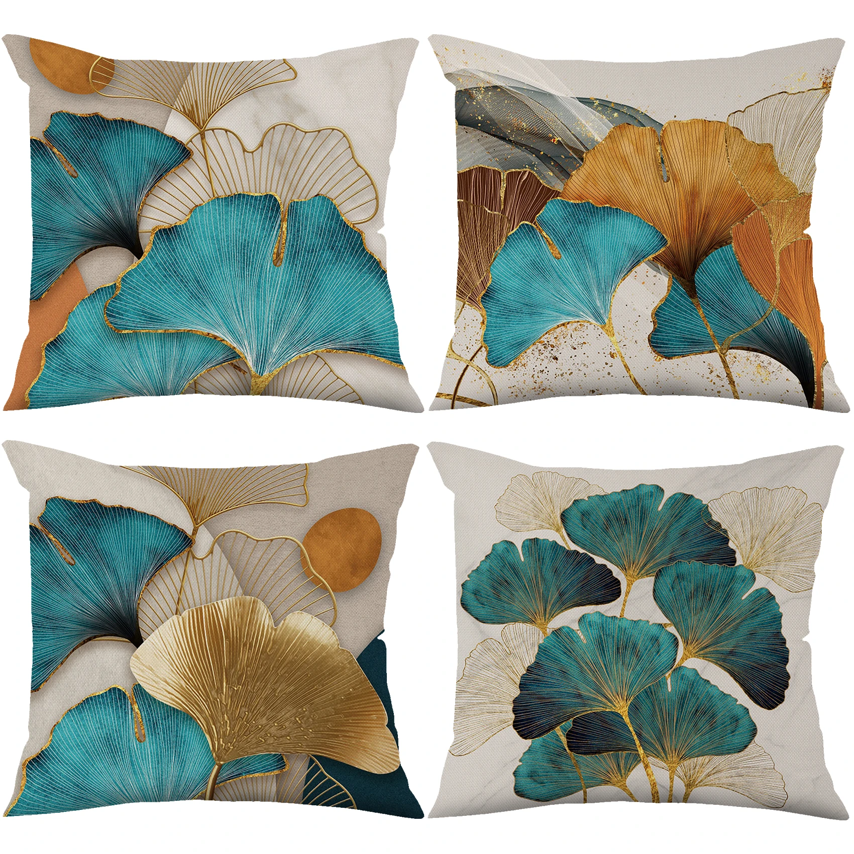 Decorative Throw Pillow Covers Green Gold Ginkgo Leaf Print Linen Cushion Covers Morden Couch Square Pillows Cases