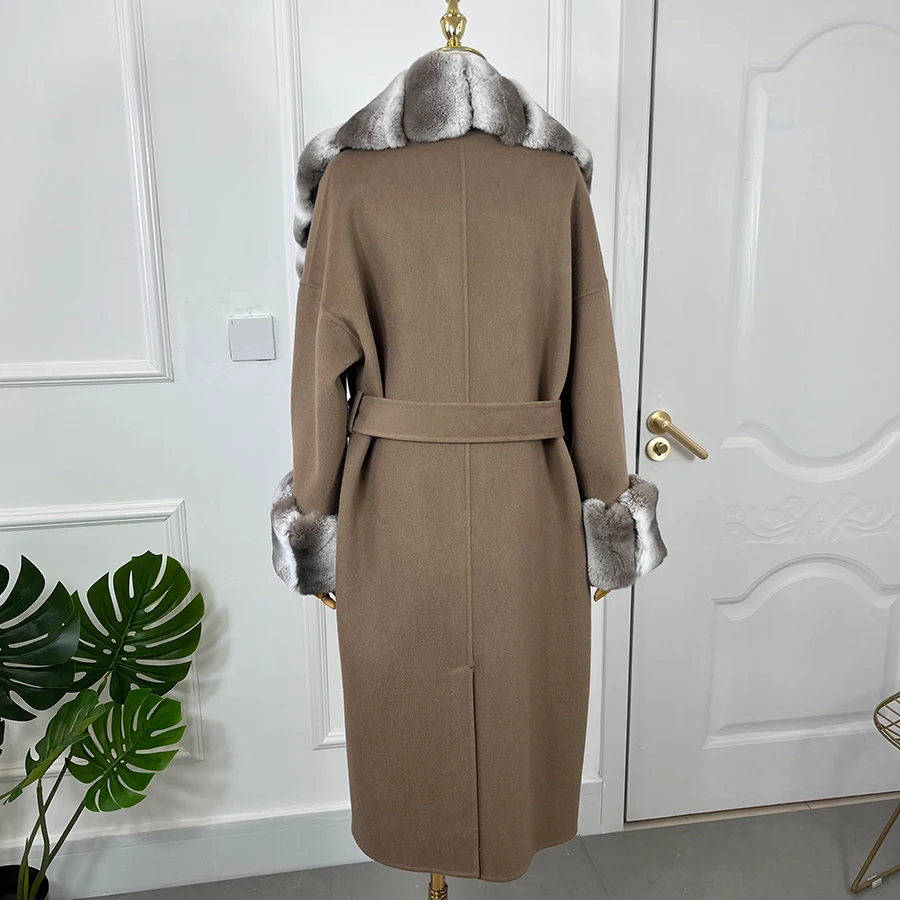 Women's Woolen Winter Coat With Real Rabbit fur Chinchilla Wool Cashmere Blends Oversize Loose Jacket Ladies Natural Fur Collar