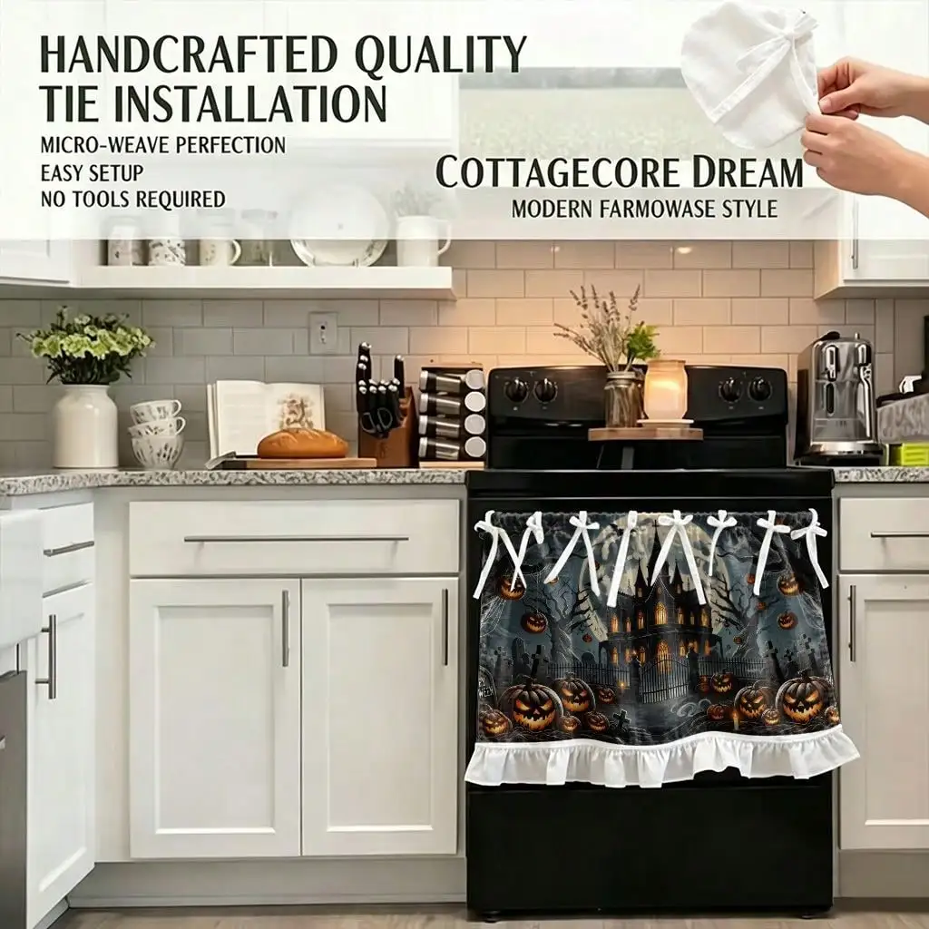 2D Flat, 1pc Halloween Kitchen Stove Oven Valance, Halloween Haunted House Pumpkin Scene Also Be Spooky Kitchen Decoration Curtain for Dishwasher Microwaves Cabinet Kitchen Sink, Makes a Great Addition to Your Halloween Theme Home