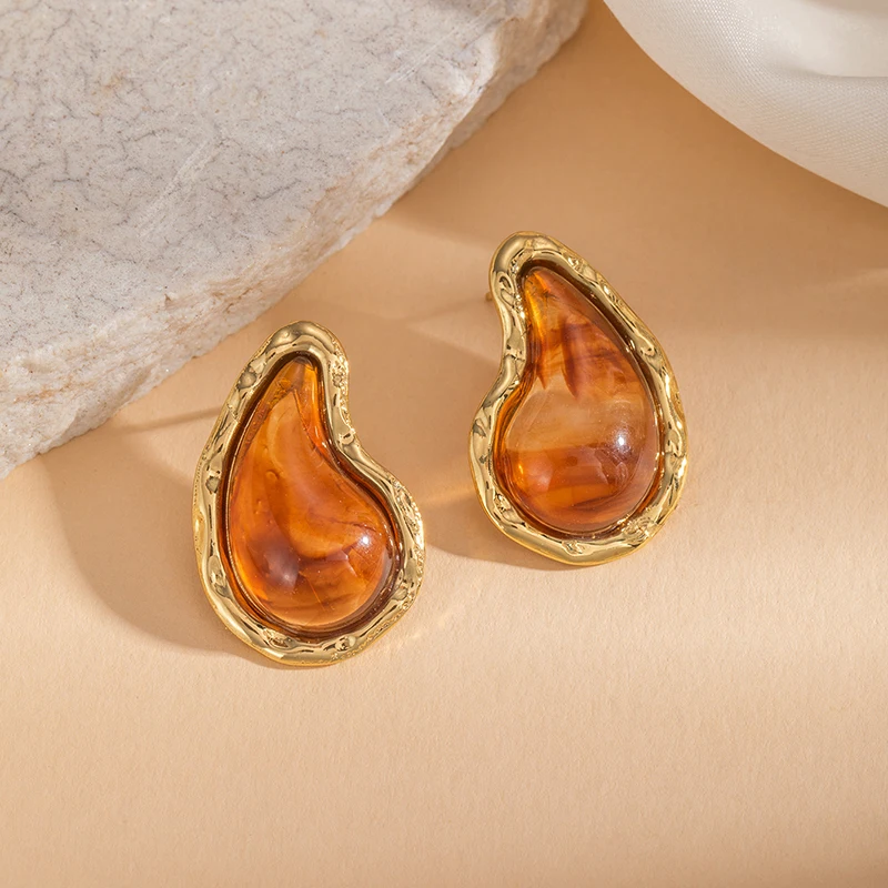ANENJERY 316L Stainless Steel Texture Waterdrop Stud Earrings For Women Irregular Temperament Vintage Luxury Niche Jewelry Gift