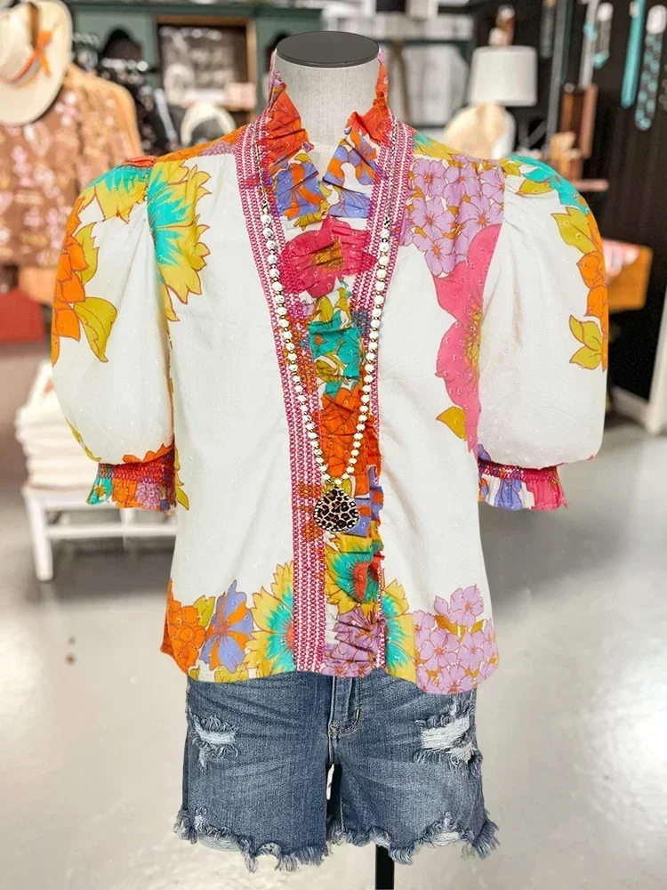 Blusa elegante con estampado Floral para mujer, camisa con cuello en V abombado, Tops Vintage de gran tamaño para oficina de primavera y verano