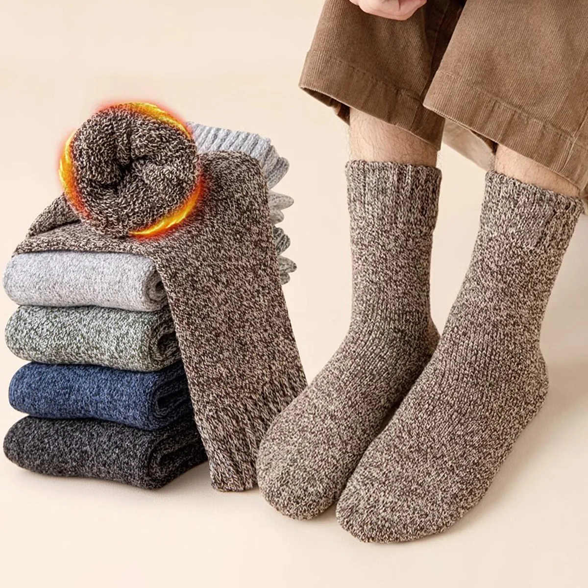 5 Paar Thermosocken für Herren und Damen, Winter, warm, dick, Crew-Socken, gestrickt, Frottee, weich, solide Socken für kaltes Wetter, Wandern