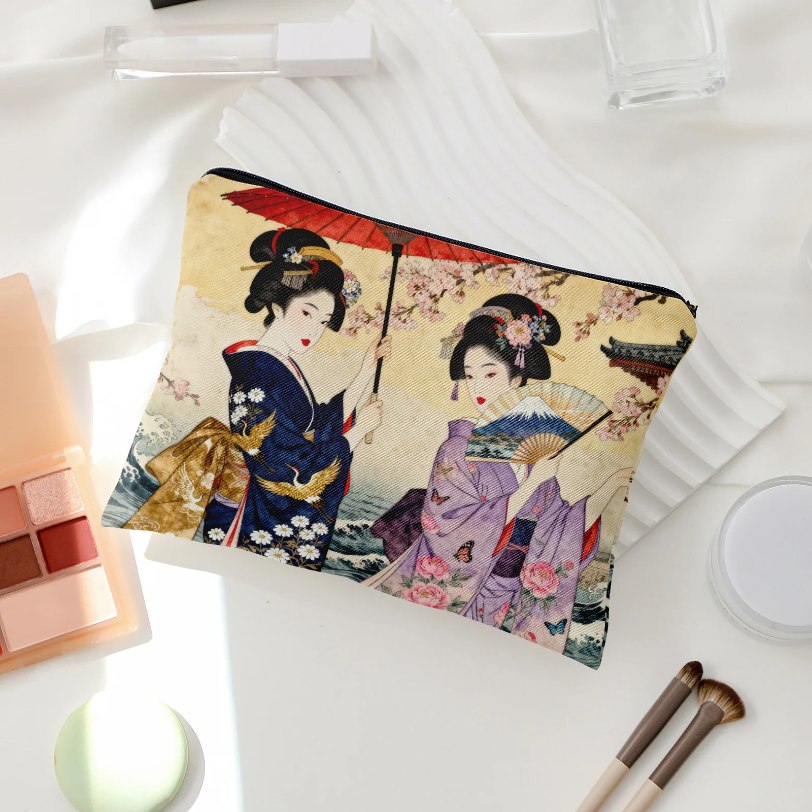 Japanese Geisha Art Lined Storage Bag | Double-Sided Printed Makeup Pouch, Travel Toiletry Bag Multi-functional Organizer
