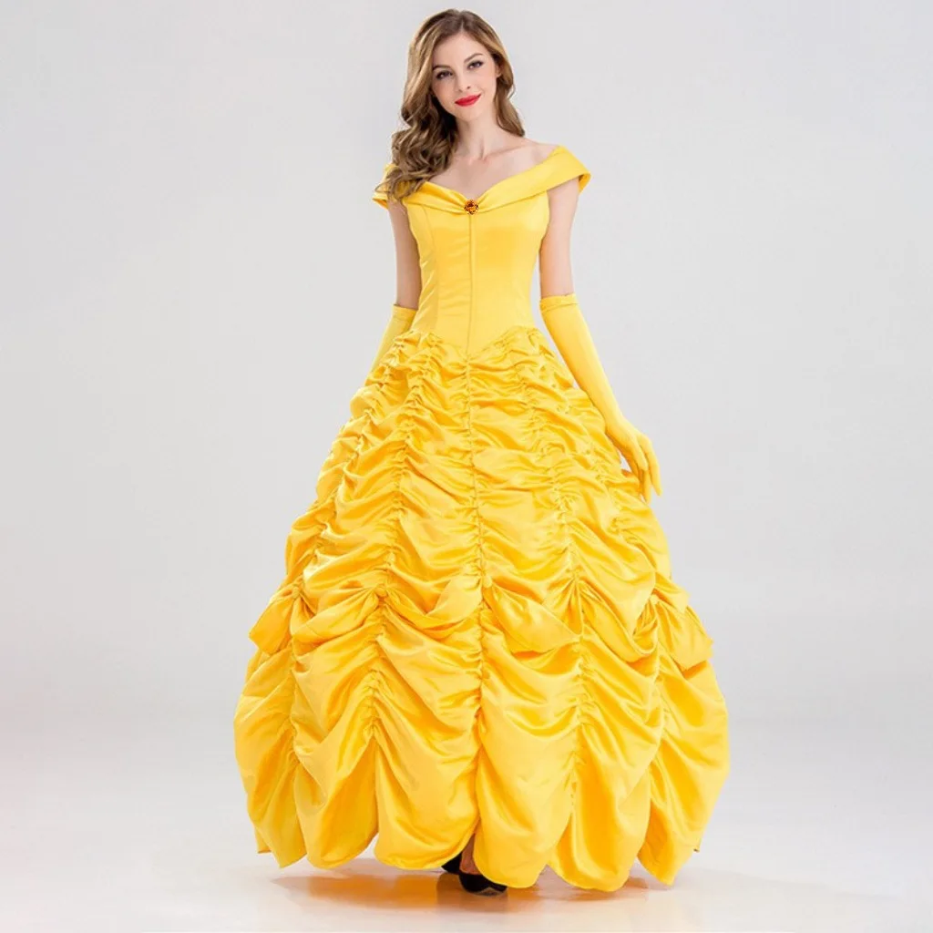 Yellow Princess Dress Cosplay Costume Women Sleeveless V-neck Cake Skirt