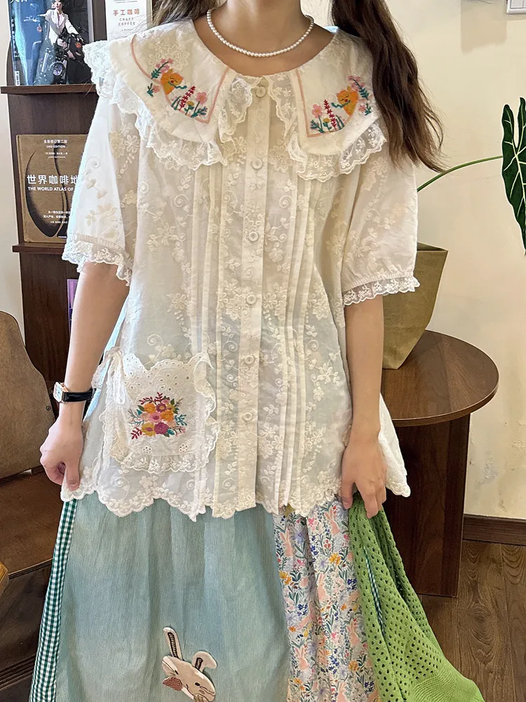 Mori Fashion Lace Short Sleeve Shirt Summer Retro Girl Flower Embroidered Peter Pan Collar Blouse Ladies Sweet Top All-match