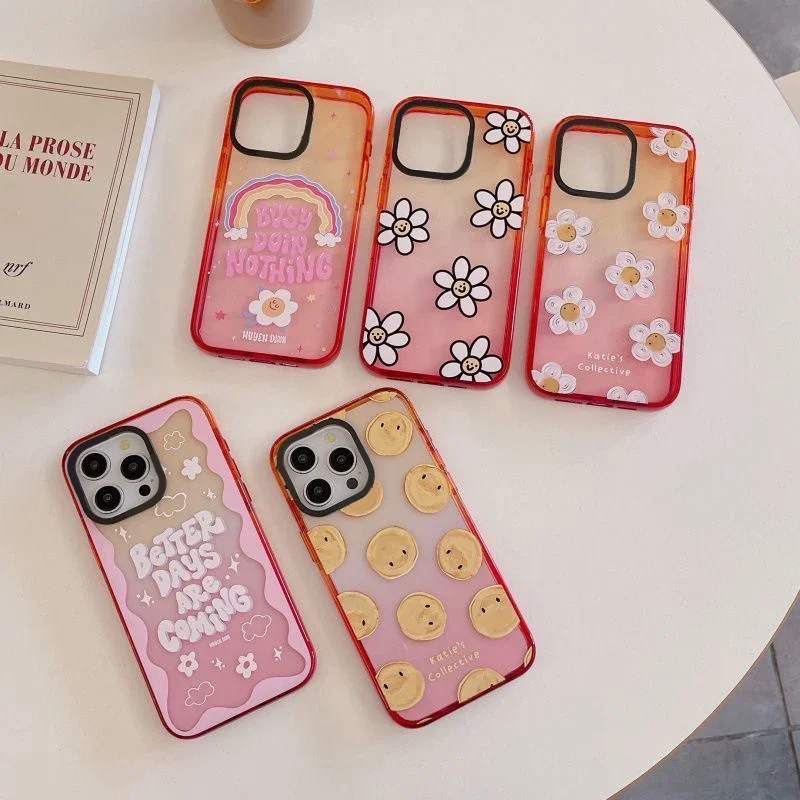 

Cartoon Cute Flower Peach Gradient Border 2.0 Acrylic Phone Case Cover for IPhone 11 12 13 14 15 16 Pro Max Case