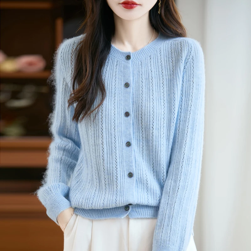 

Высококачественный женский ажурный кардиган с круглым вырезом из 100% шерсти премиум-класса, вязаный кашемировый свитер, пальто, топ на осень/зиму