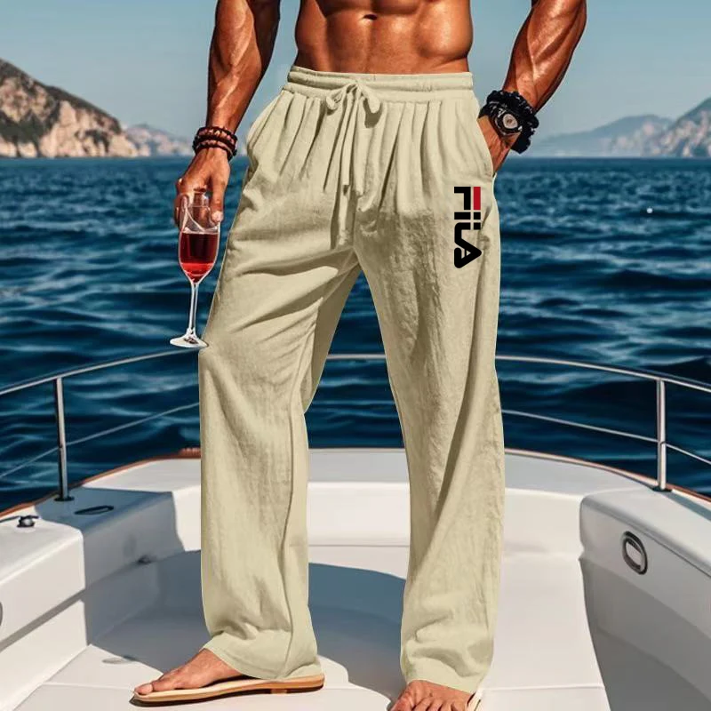 

Men's Linen Blend Beach Pants, Drawstring Waist Wide Leg Trousers, Casual Vacation Wear for Summer Beach & Boat Trips