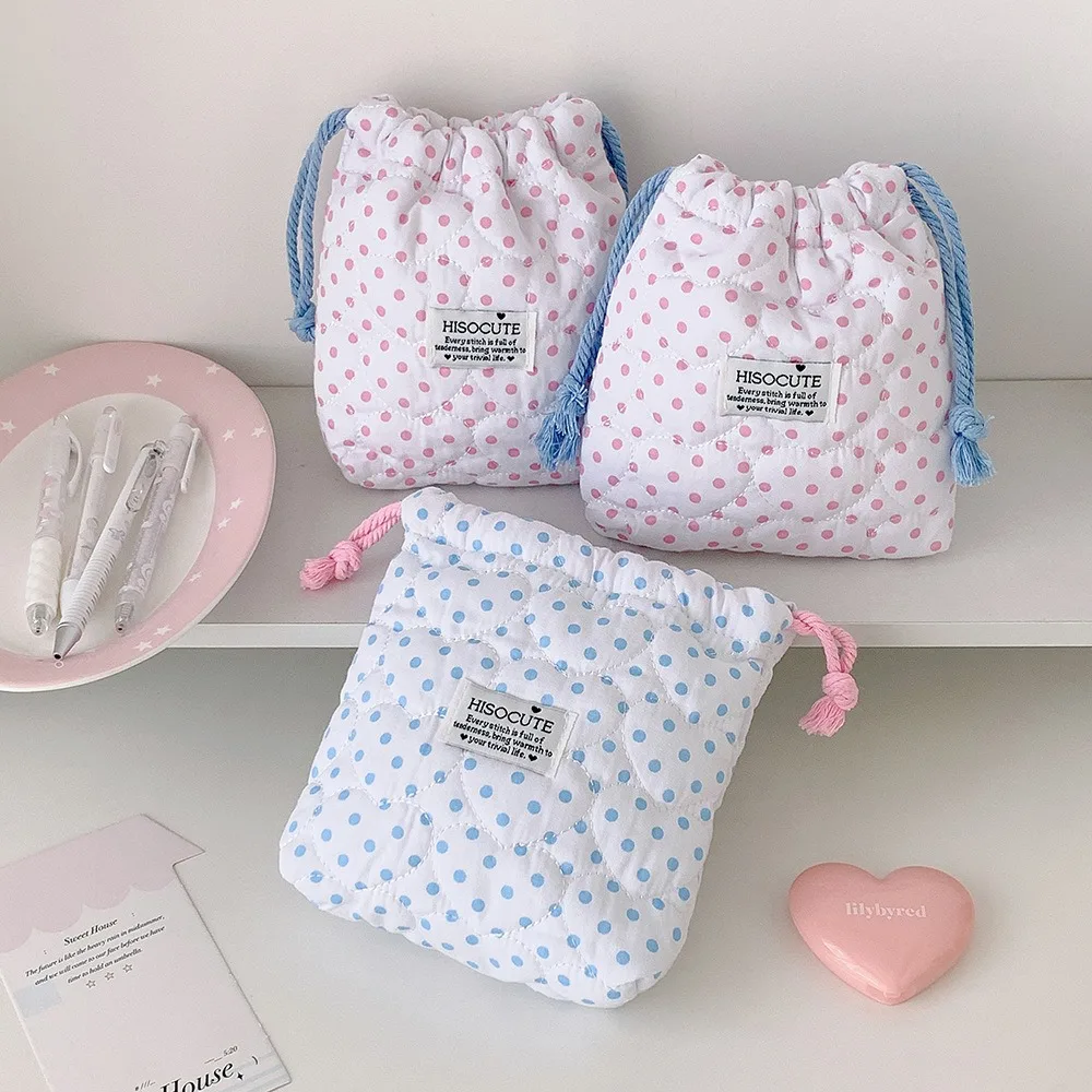 Portable Polka Dot Pattern Cosmetic Bag Quilted Multipurpose Toiletry Storage Bag Soft Cotton Small Storage Pouch Women