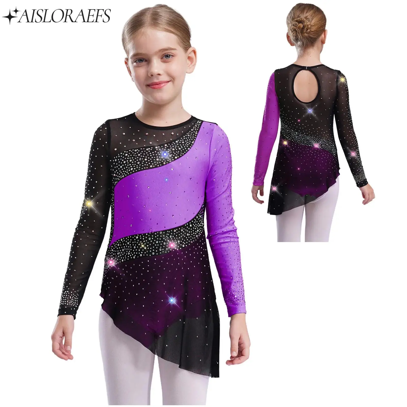 Enfant fille patinage artistique acrobatie danse Tutu robe à manches longues strass maille couleur bloc justaucorps gymnastique rythmique Costume