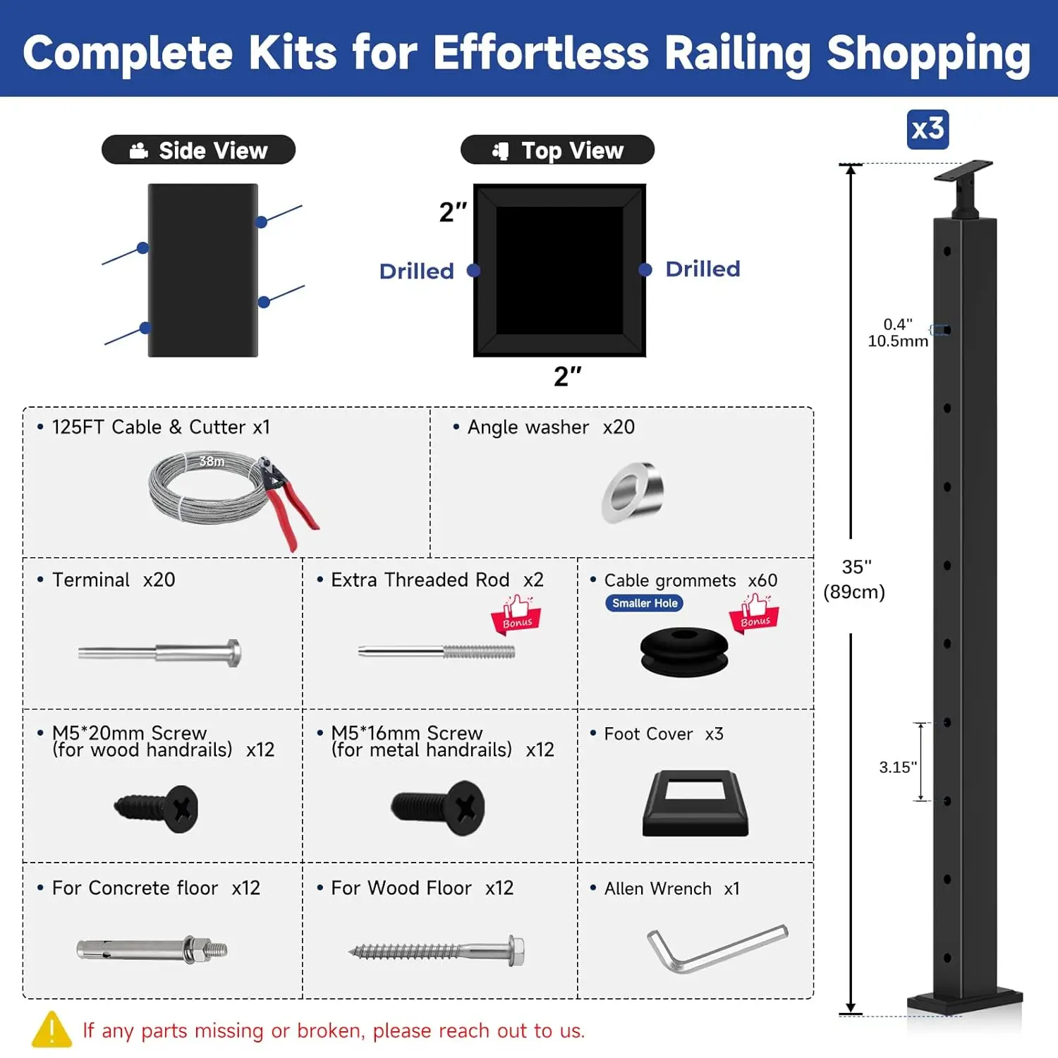 

36" Complete Set Stair Cable Railing Post Kit for 28°-38° Stairway, Stair Railing System DIY Kit Including 3 Stair Posts