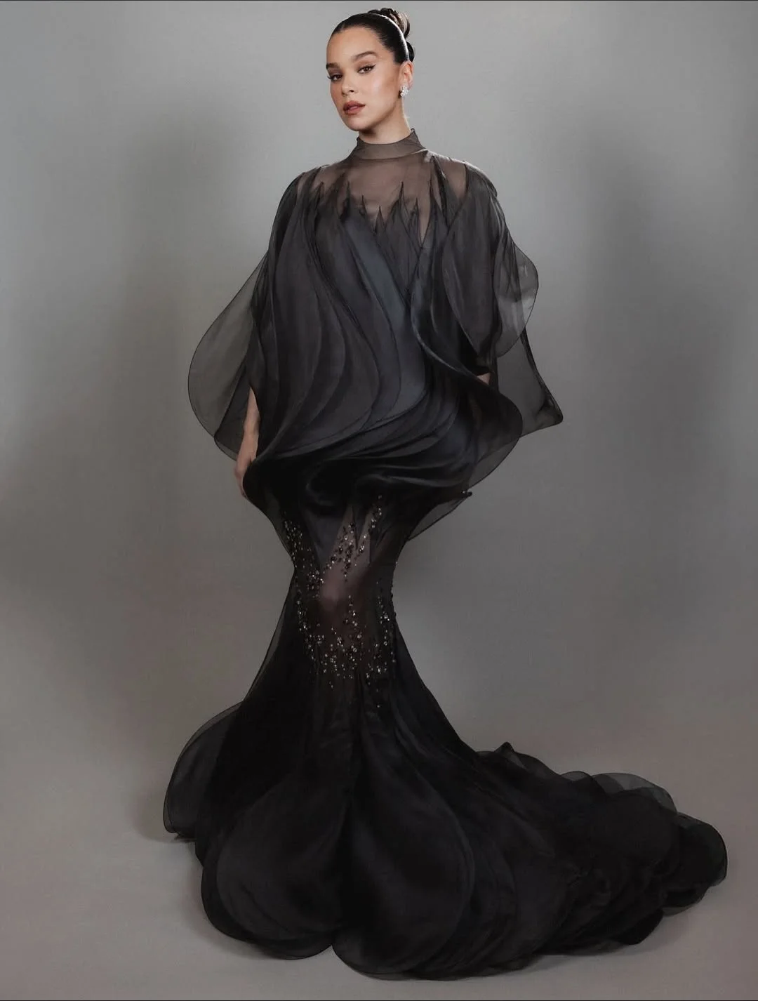 Robe de soirée sirène noire avec perles de cristal, manches chauve-souris à col haut, robe de bal longue en organza transparent, invité de mariage formel