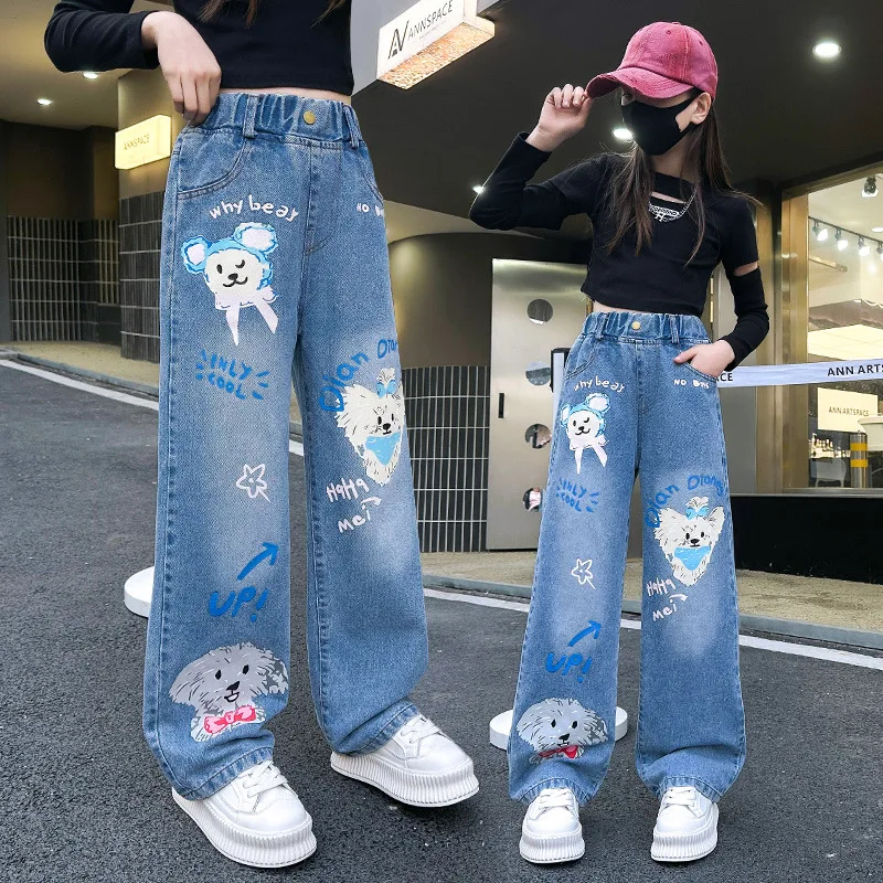 Jeans for Girls 2024 New Fashion Cartoon Printed Long Denim Trousers Teens Kids Cute Dog Pattern Wide Leg Pants 5 7 9 11 13 14Y