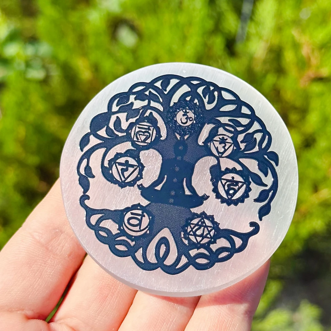 Natural Selenite Charging Plate, Engraved Tree of Life Yoga Om Symbol Disc, Polished Satin Spar Crystal Slab Home Decor Gift