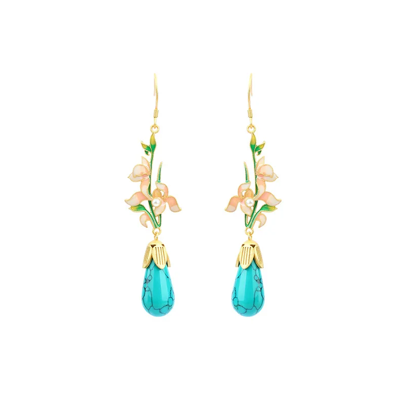 

Chinese Wind Chime Orchid Earrings Enamel Colored Earhooks for Women, Fresh and Imitation Turquoise Earrings