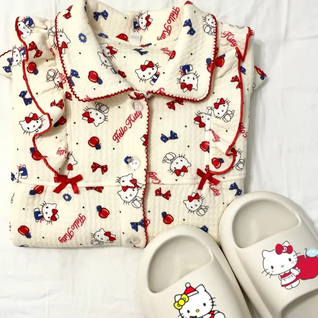 Sanrio hello kitty conjunto de pijamas de algodão ar bonito e doce estilo ins kitty engrossado quente solto roupas para casa para outono e inverno