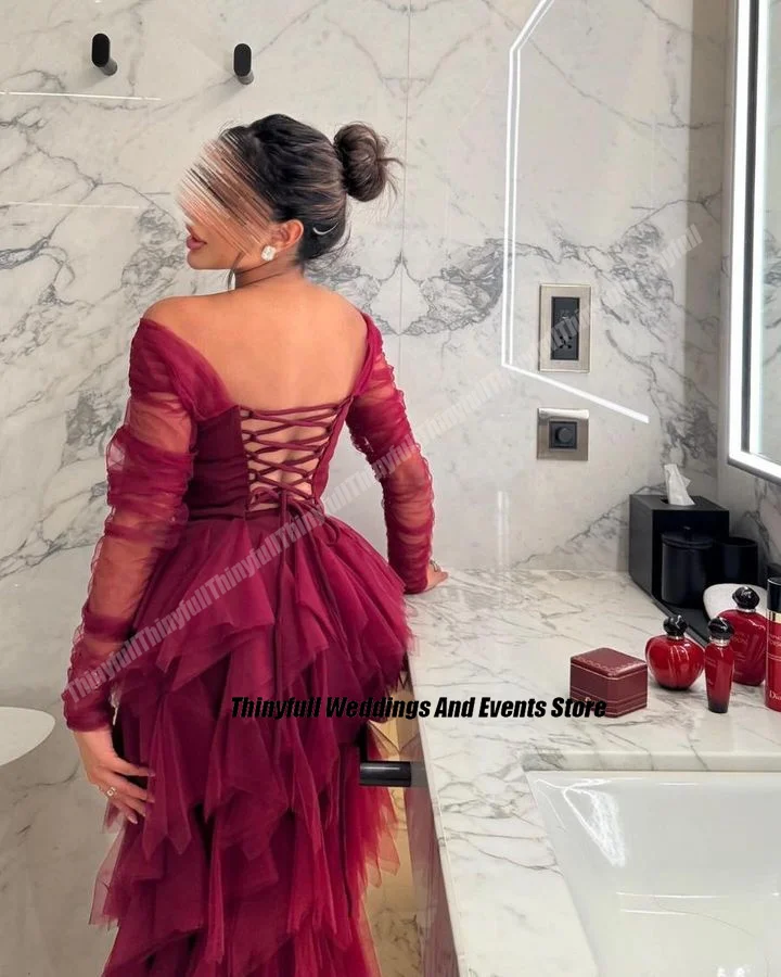 Thinyfull Off Shoulder Tulle Prom Dresses Long Sleeves Evening Party Gowns 2024 Floor Length Dubai Formal Occasion Dress