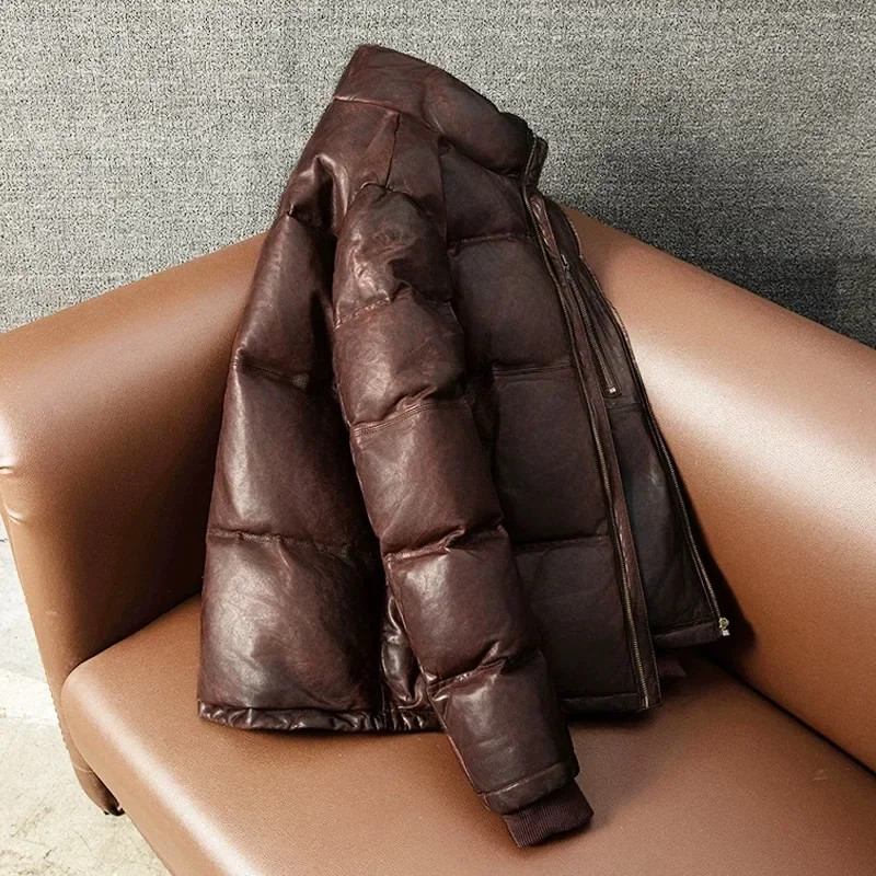 Real Sheepskin Leather Jacket Men\'s Sheep Genuine Leather Thickened Down Warm Jacket For Men Brown Casual Winter Coats