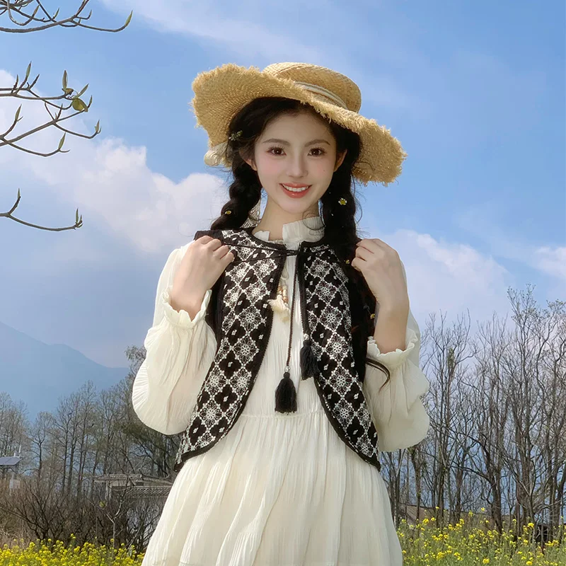 

Ретро-жилет с вышивкой, женская многослойная верхняя одежда с поясом, топ с подплечниками в стиле прерия