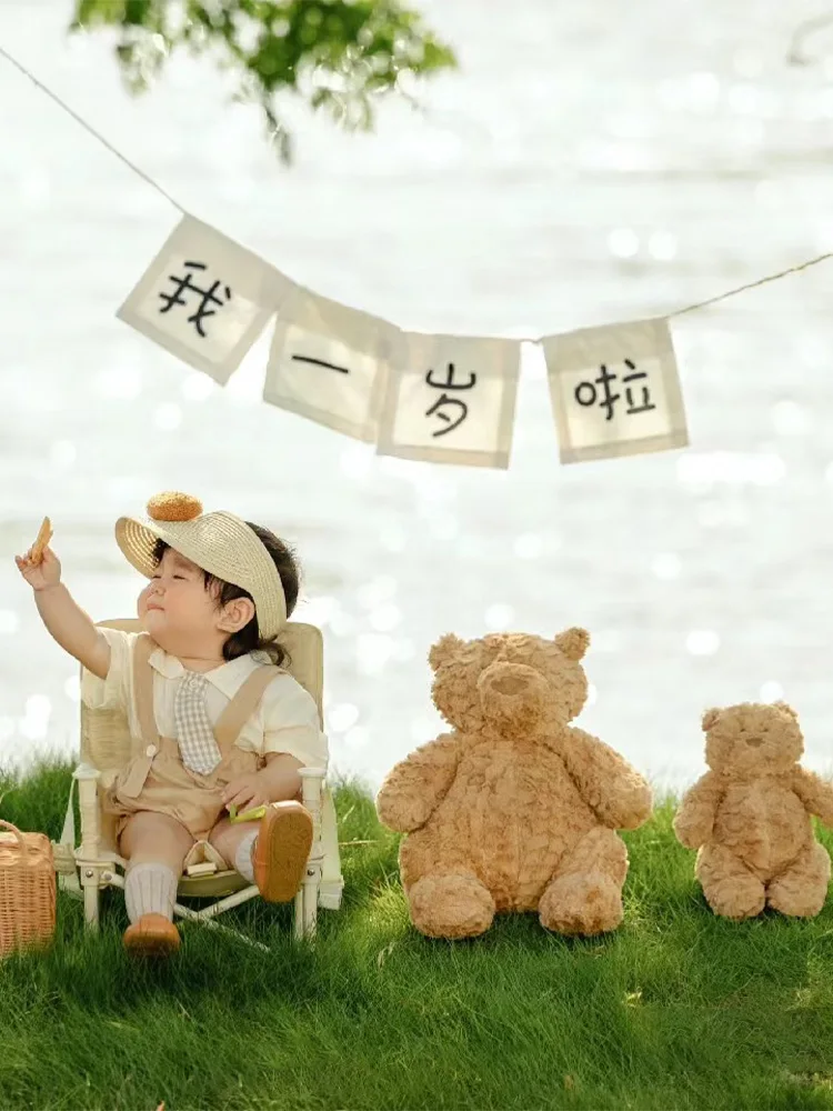 Children Photography Outfit Short Sleeves Tie Overalls Hat Baby Costume Bear Doll Studio 1 Years Old Baby Outdoor Shooting Props