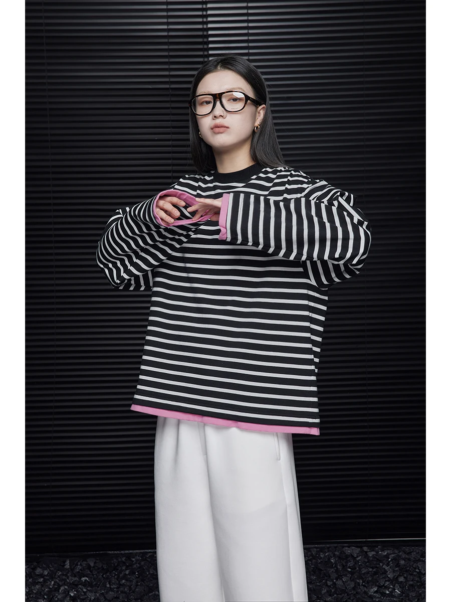 

Свободная футболка в полоску American Sle Long Sve, женская весна-лето, Новое поступление, круглая футболка из смеси хлопка и полиэстера Ne Street S...