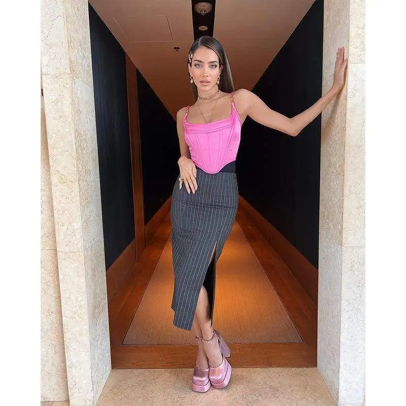 Sexy Pink Strap Top Super ort Par Evening High Street Faion Summer Hit Women's Vest Strapl ort Pure Color Garment