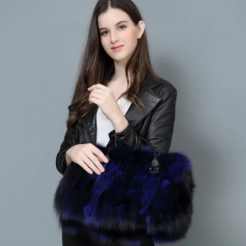 Winter Fox Fur Bag Women Handbag Leather Bag Fashion Shoulder Bags Real Silver Fox Fur Messenger Bags Female Evening Party Bag